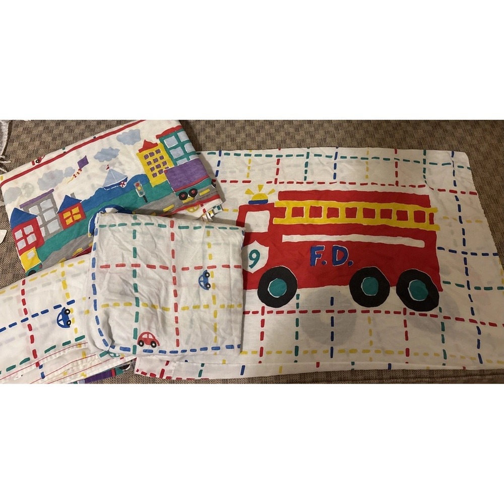 Vintage Cannon Road Works Fire Truck Taxi City Grid 80s/90s Twin Sheet Set